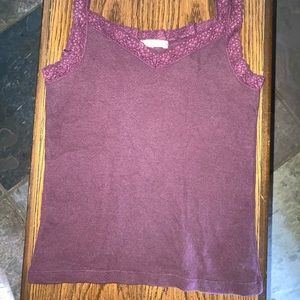 Small stretchy feminine tank top w/ lace trim color is burgundy/wine